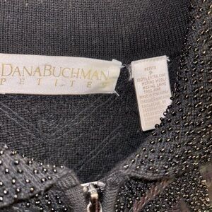 Dana Buchman Petite black 100% extra-fine merino wool zip-up sweater beaded